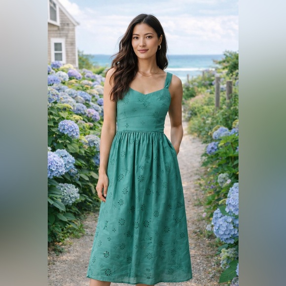 J. Crew Dresses & Skirts - J.Crew Mineral Green Eyelet Cotton Midi Sundress Pockets Fit Flare Size 8